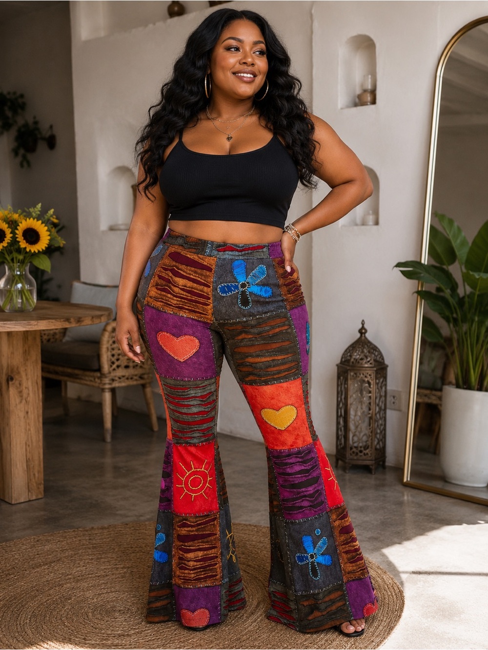 Colorblock Patchwork Flare Pants with Heart & Floral Appliqué - Black